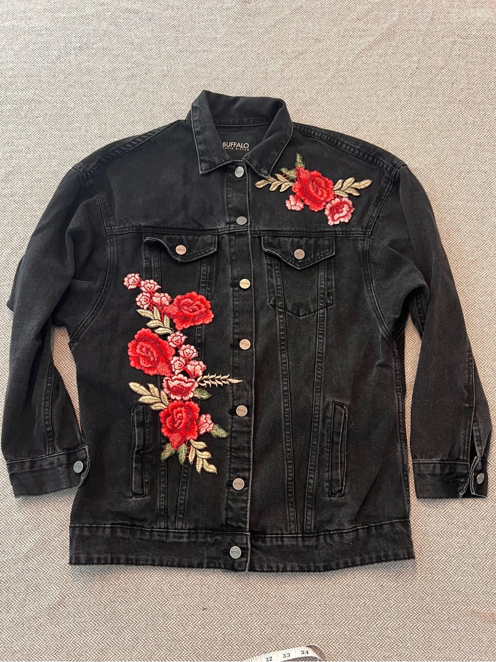 Buffalo David Bitton Black Denim Jacket Floral Embroidered Roses Oversized